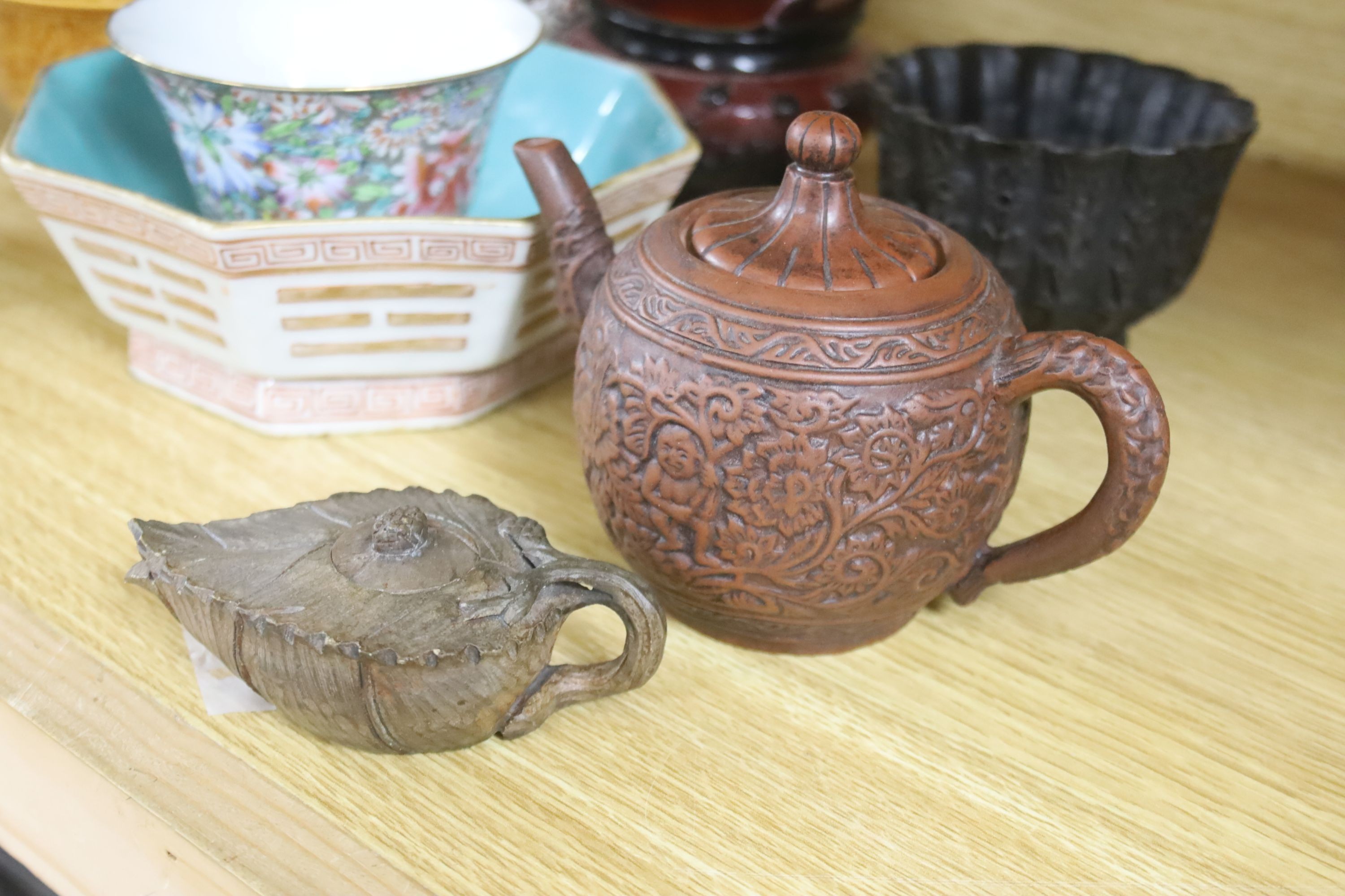 A Chinese small famille rose vase, a similar bowl, a Chinese eight trigrams bowl, Yixing teapot, two glass vessels etc